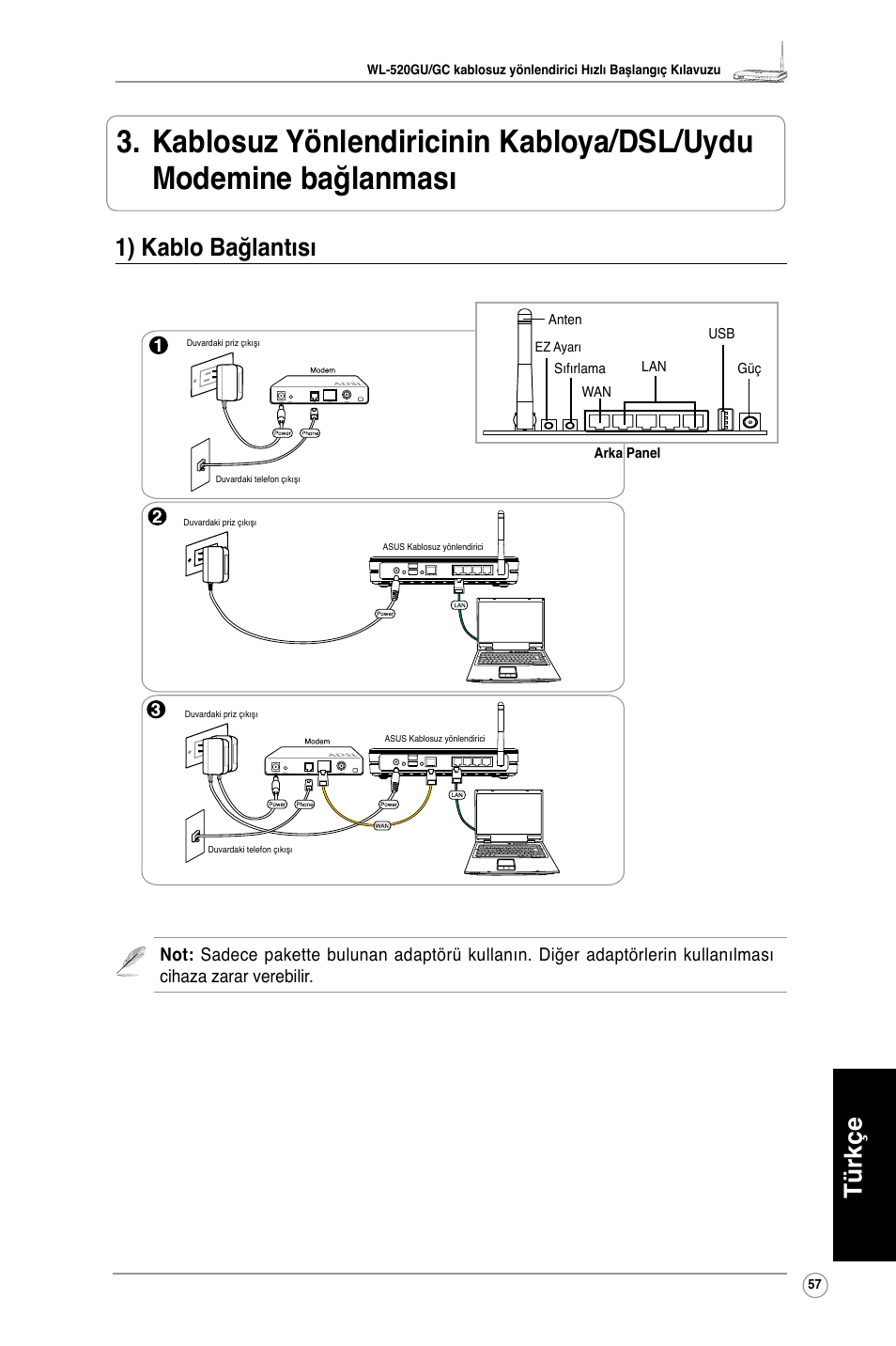 Türkçe, 1) kablo bağlantısı | Asus WL-520GC User Manual | Page 60 / 108