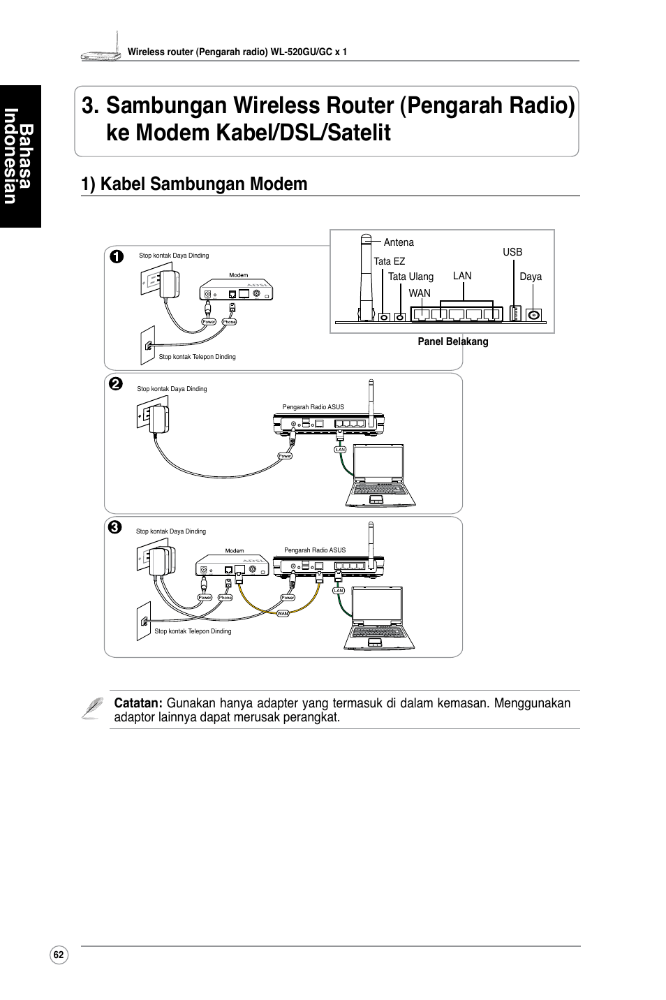 Bahasa indonesian, 1) kabel sambungan modem | Asus WL-520GC User Manual | Page 65 / 108