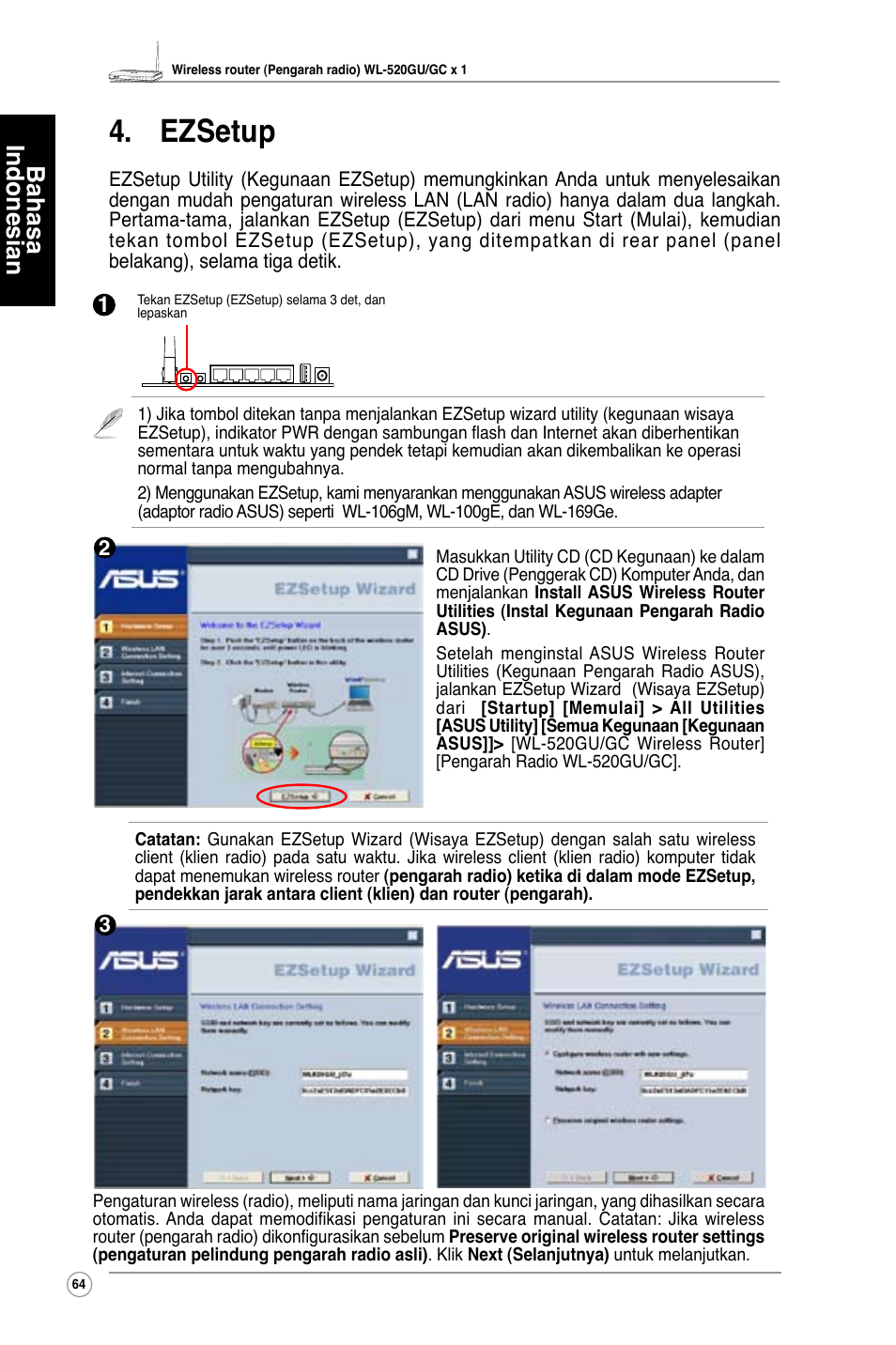 Ezsetup, Bahasa indonesian | Asus WL-520GC User Manual | Page 67 / 108