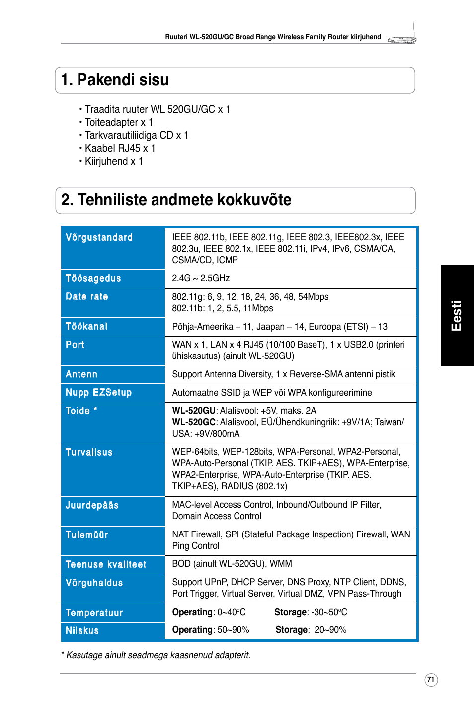 Pakendi sisu, Tehniliste andmete kokkuvõte, Eesti | Asus WL-520GC User Manual | Page 74 / 108