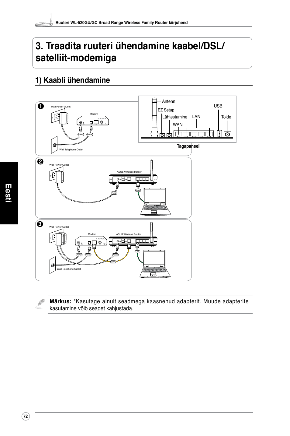 Eesti, 1) kaabli ühendamine | Asus WL-520GC User Manual | Page 75 / 108