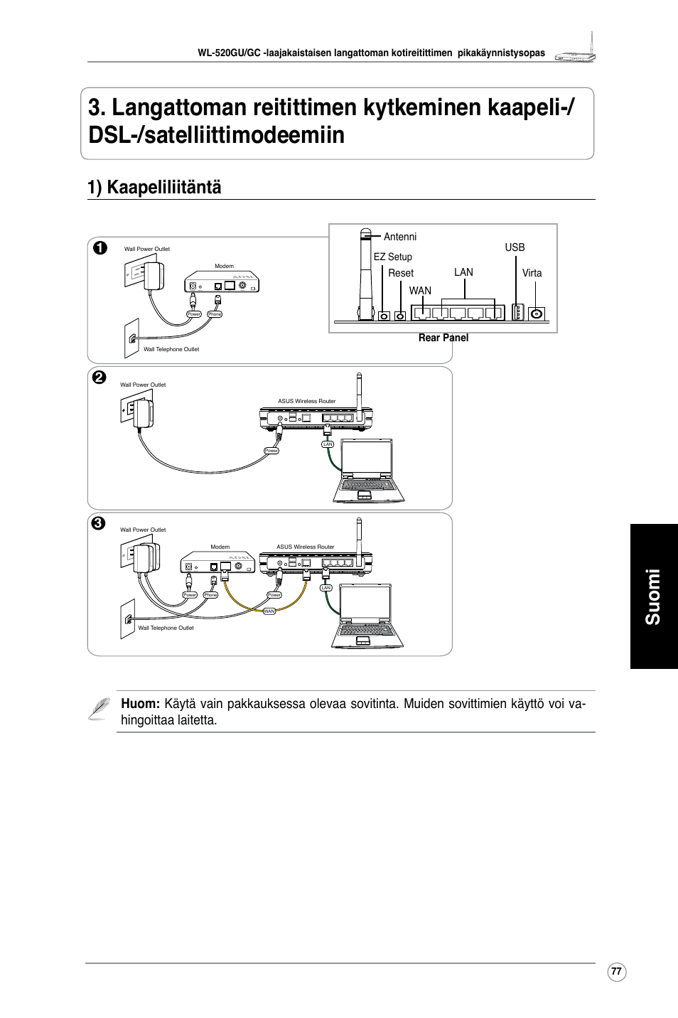 Suomi, 1) kaapeliliitäntä | Asus WL-520GC User Manual | Page 80 / 108