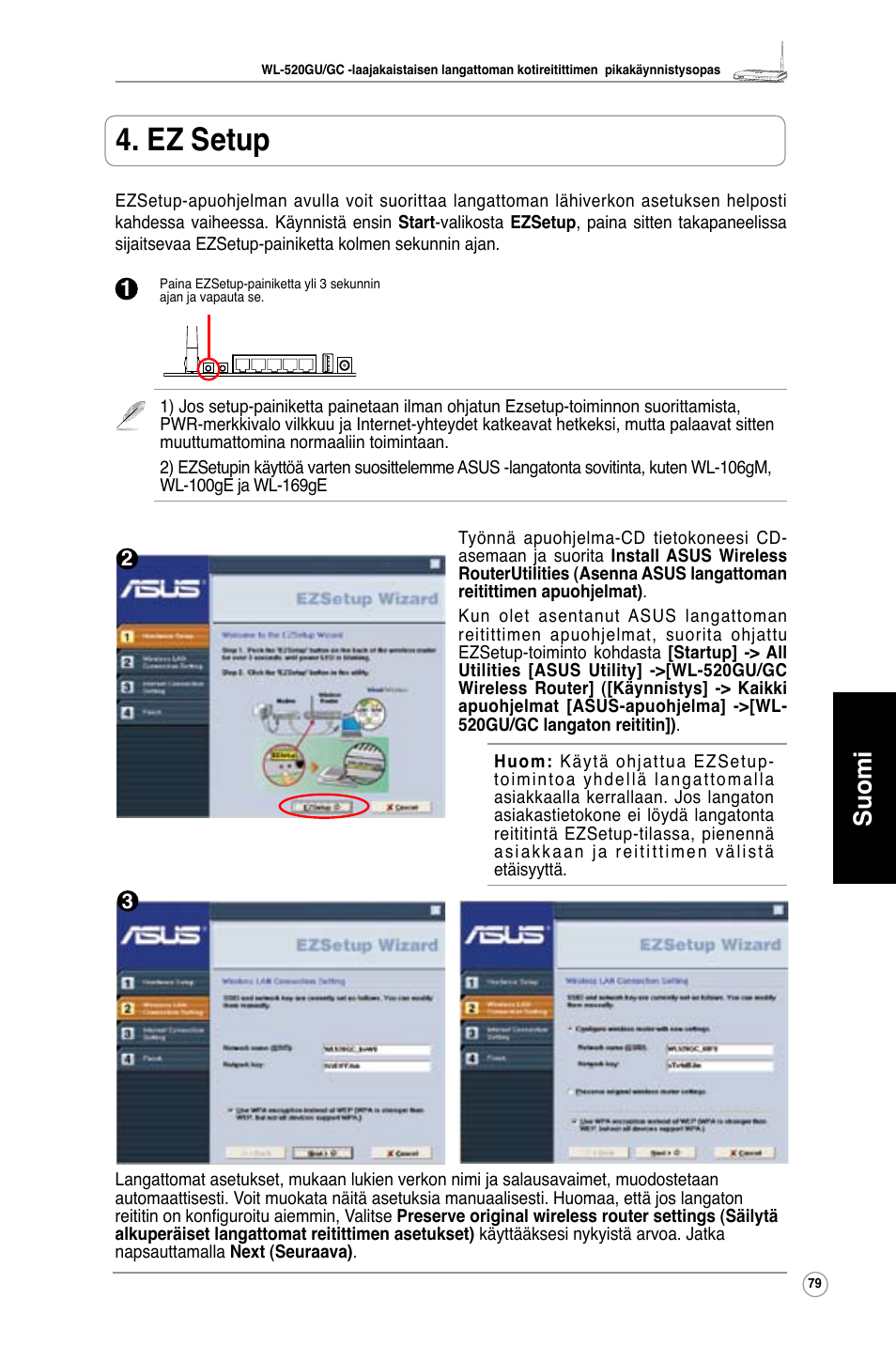 Ez setup, Suomi | Asus WL-520GC User Manual | Page 82 / 108