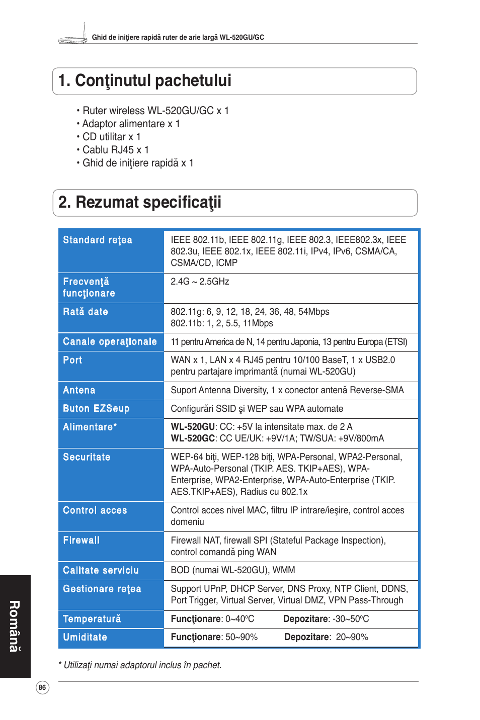 Conţinutul pachetului, Rezumat specificaţii, Română | Asus WL-520GC User Manual | Page 89 / 108