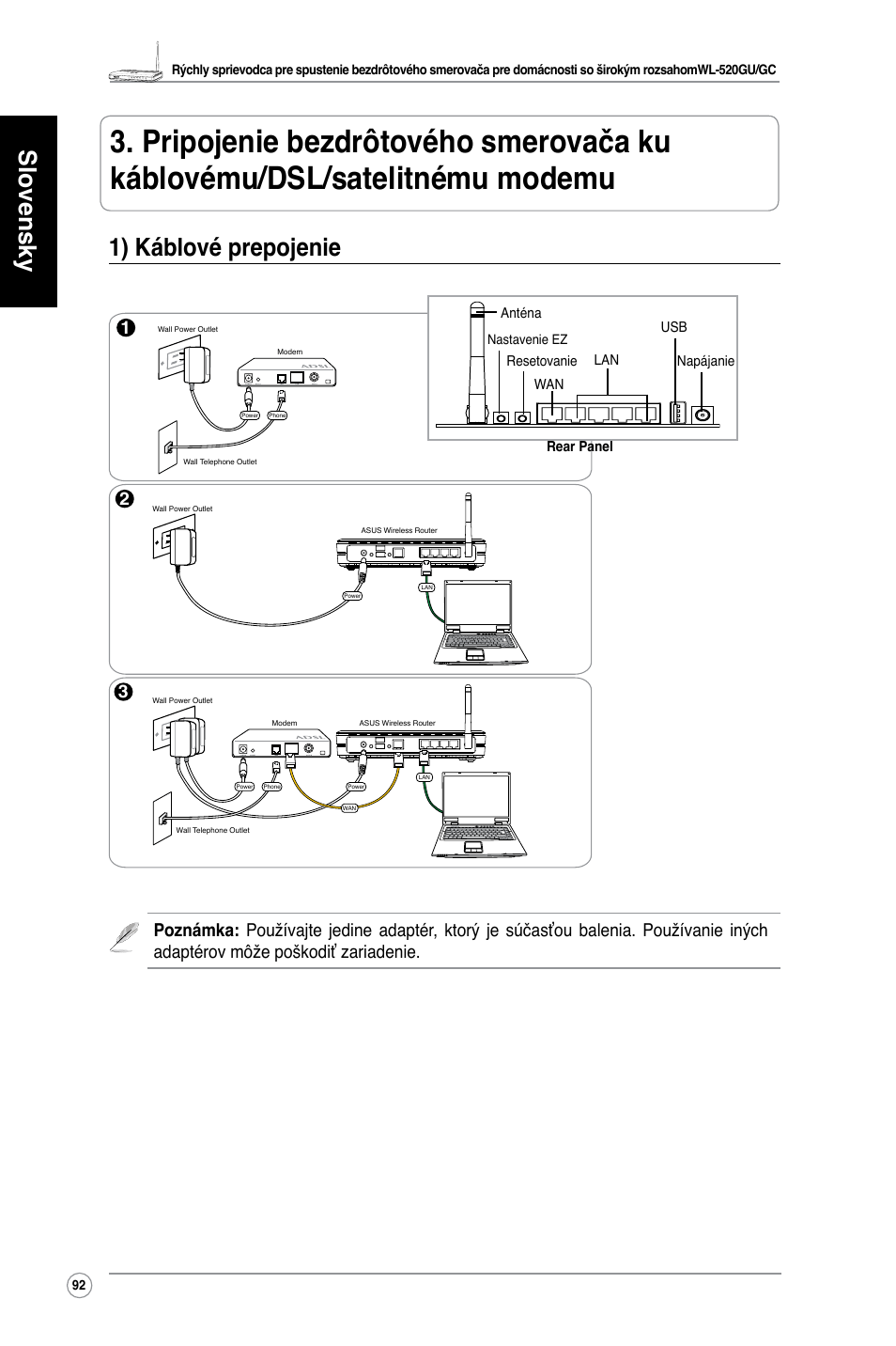 Slovensky, 1) káblové prepojenie | Asus WL-520GC User Manual | Page 95 / 108
