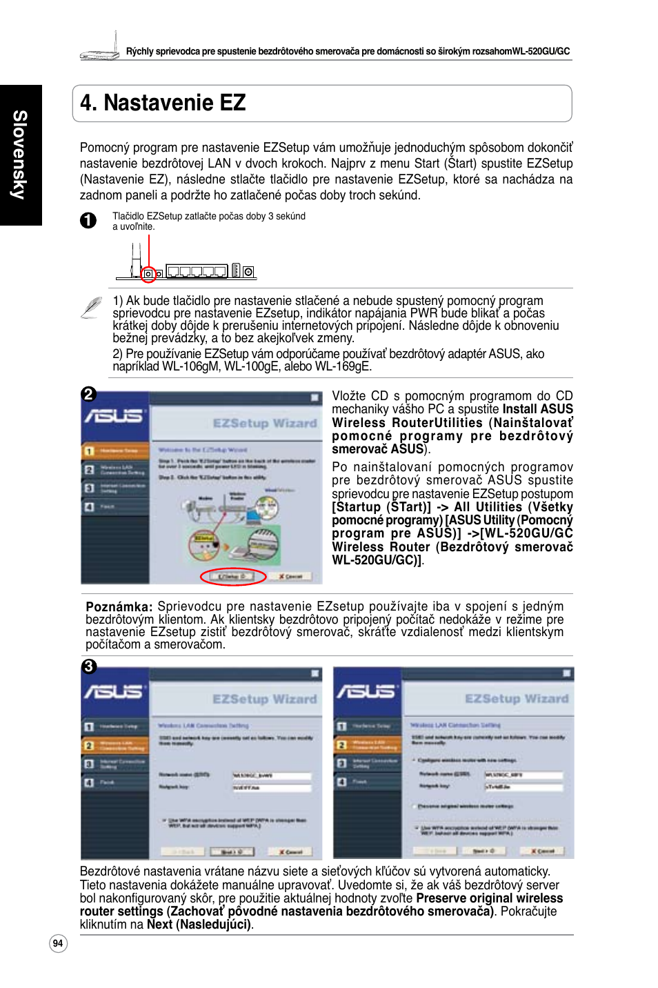 Nastavenie ez, Slovensky | Asus WL-520GC User Manual | Page 97 / 108