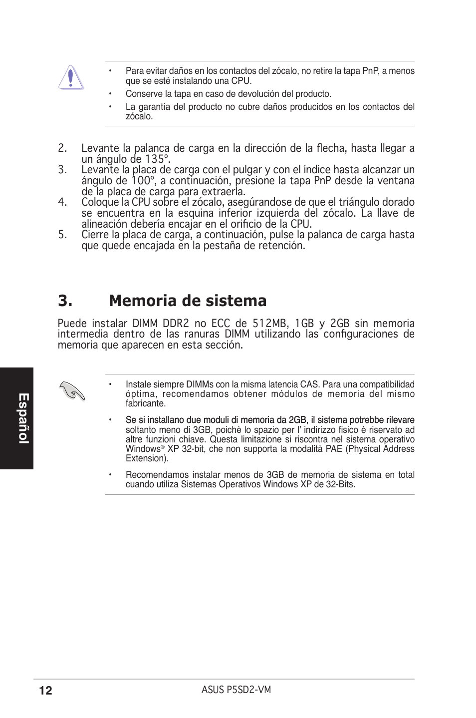 Español | Asus P5SD2-VM User Manual | Page 12 / 38