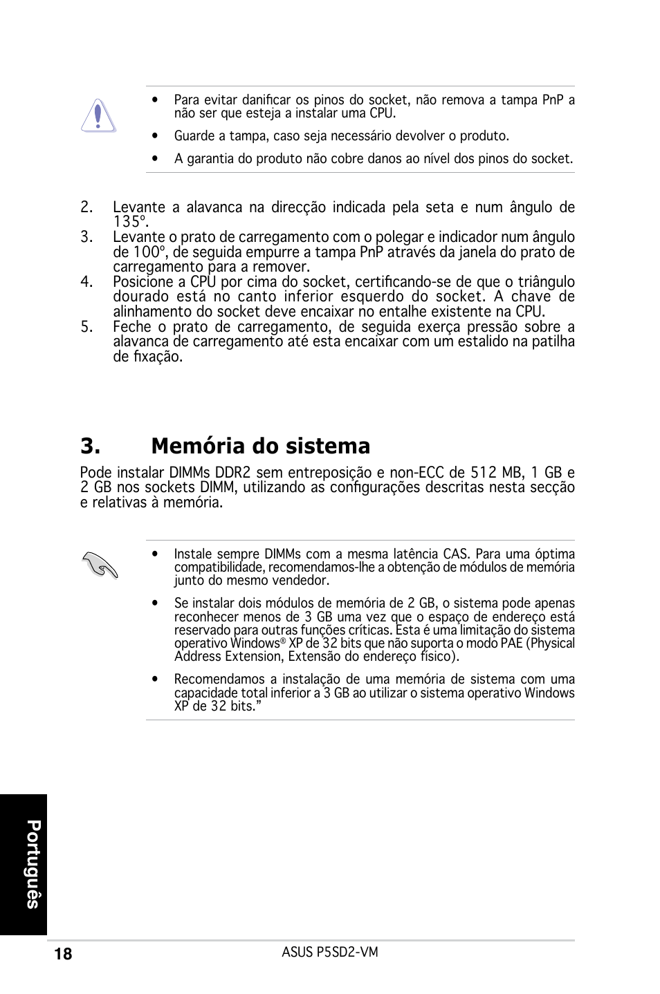 Memória do sistema, Português | Asus P5SD2-VM User Manual | Page 18 / 38