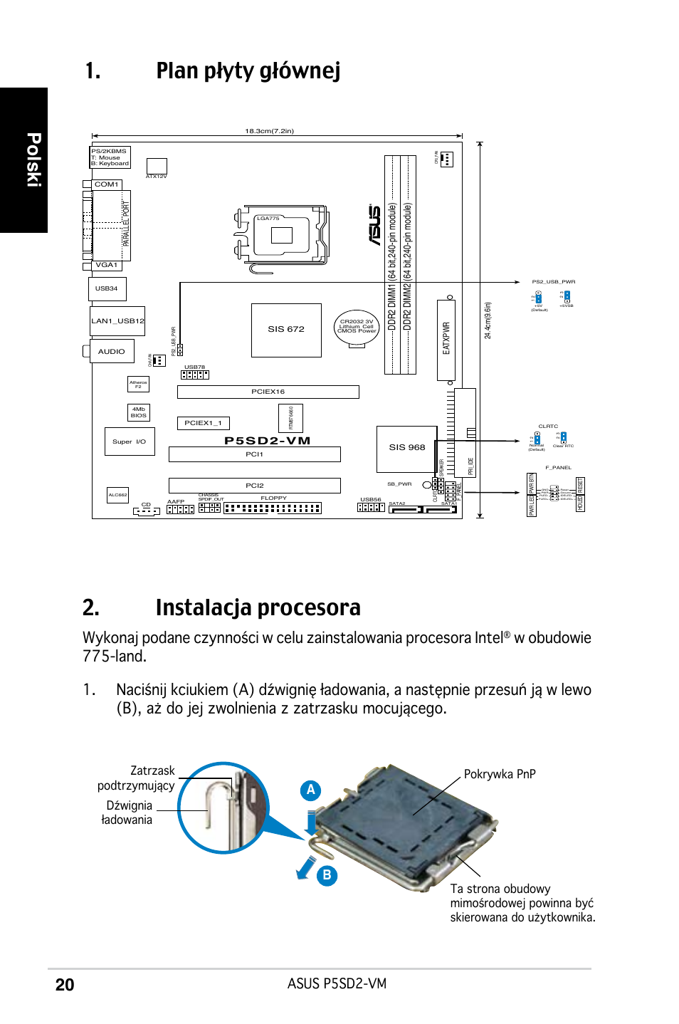 Plan płyty głównej 2. instalacja procesora, Polski, Asus p5sd2-vm | Ab b, P5sd2-vm | Asus P5SD2-VM User Manual | Page 20 / 38