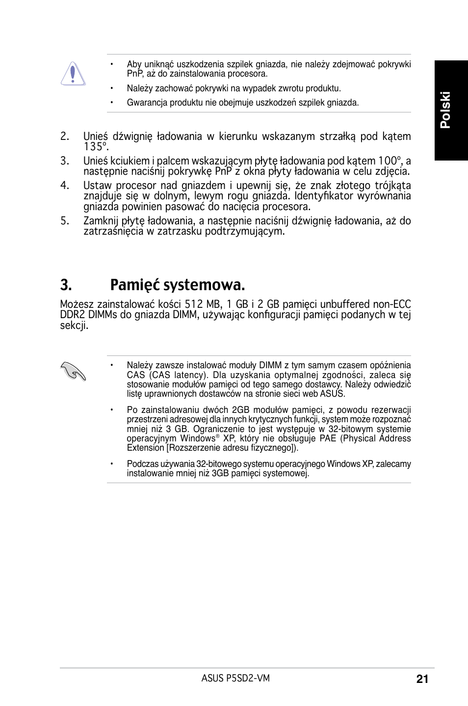 Pamięć systemowa, Polski | Asus P5SD2-VM User Manual | Page 21 / 38