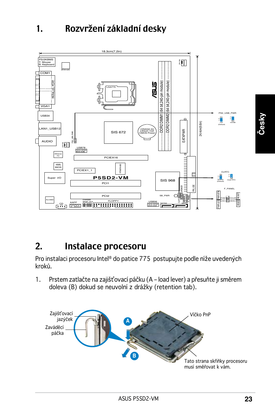 Rozvržení základní desky 2. instalace procesoru, Česky, Pro instalaci procesoru intel | Asus p5sd2-vm, Ab b, P5sd2-vm | Asus P5SD2-VM User Manual | Page 23 / 38