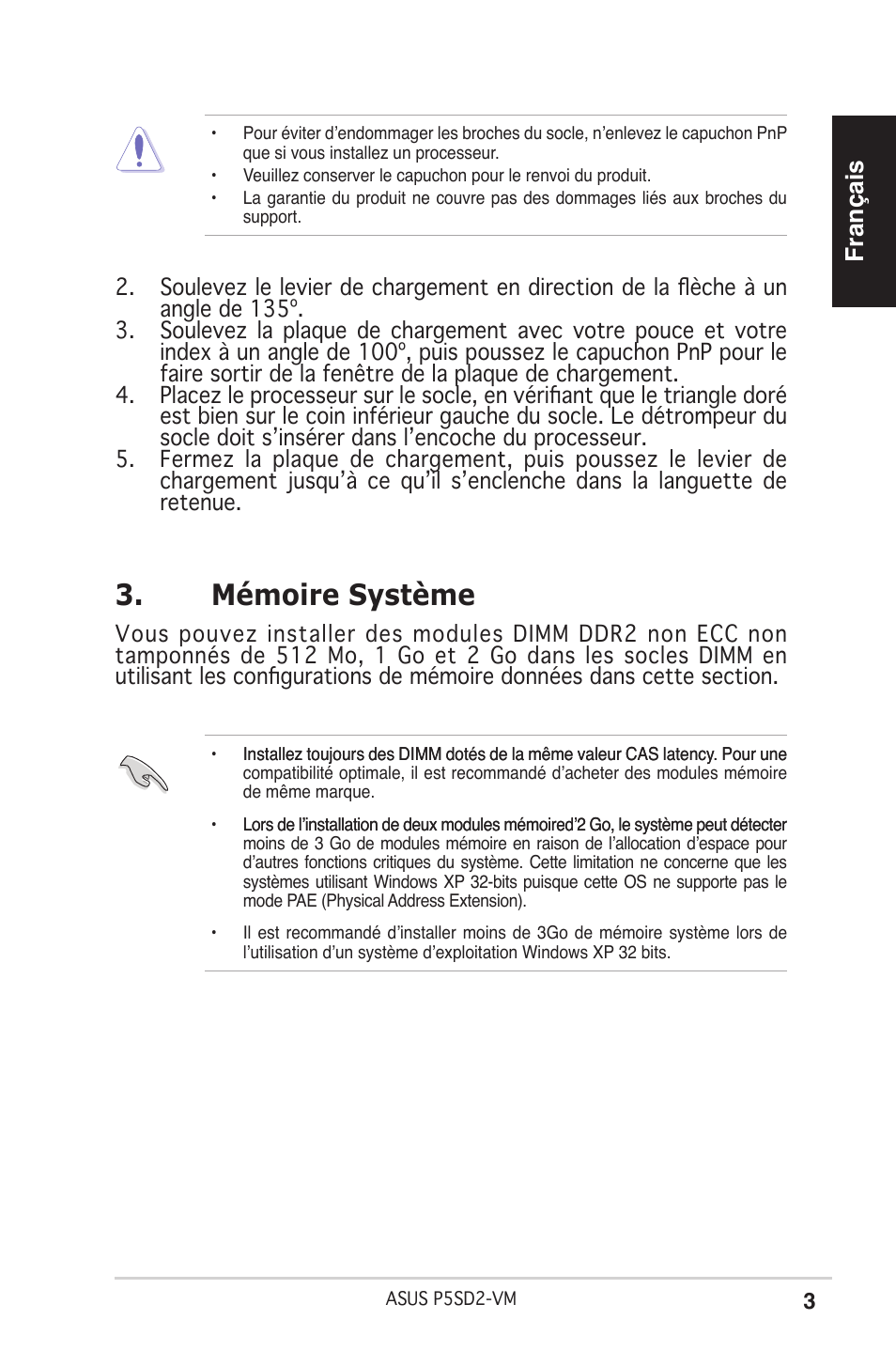 Mémoire système, Français | Asus P5SD2-VM User Manual | Page 3 / 38