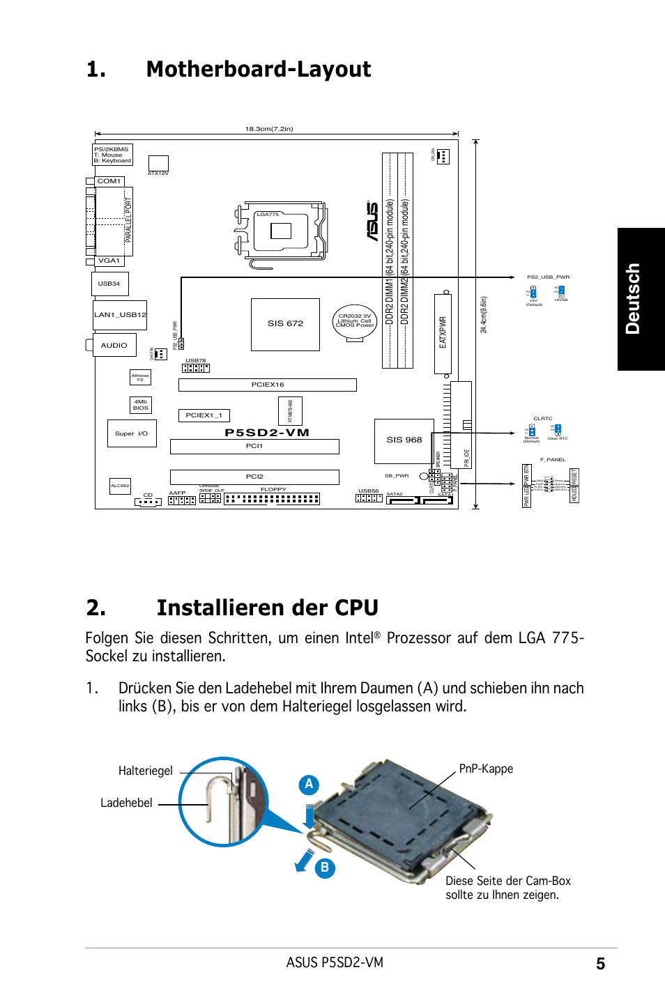 Motherboard-layout 2. installieren der cpu, Deutsch, Folgen sie diesen schritten, um einen intel | Asus p5sd2-vm, Ab b, Psd2-vm | Asus P5SD2-VM User Manual | Page 5 / 38