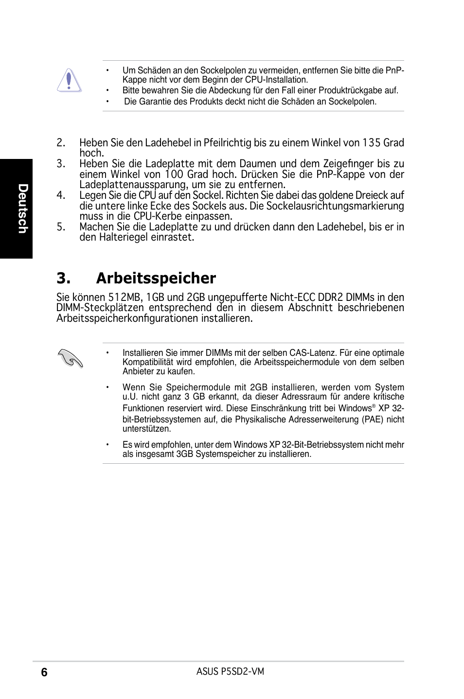 Arbeitsspeicher, Deutsch | Asus P5SD2-VM User Manual | Page 6 / 38