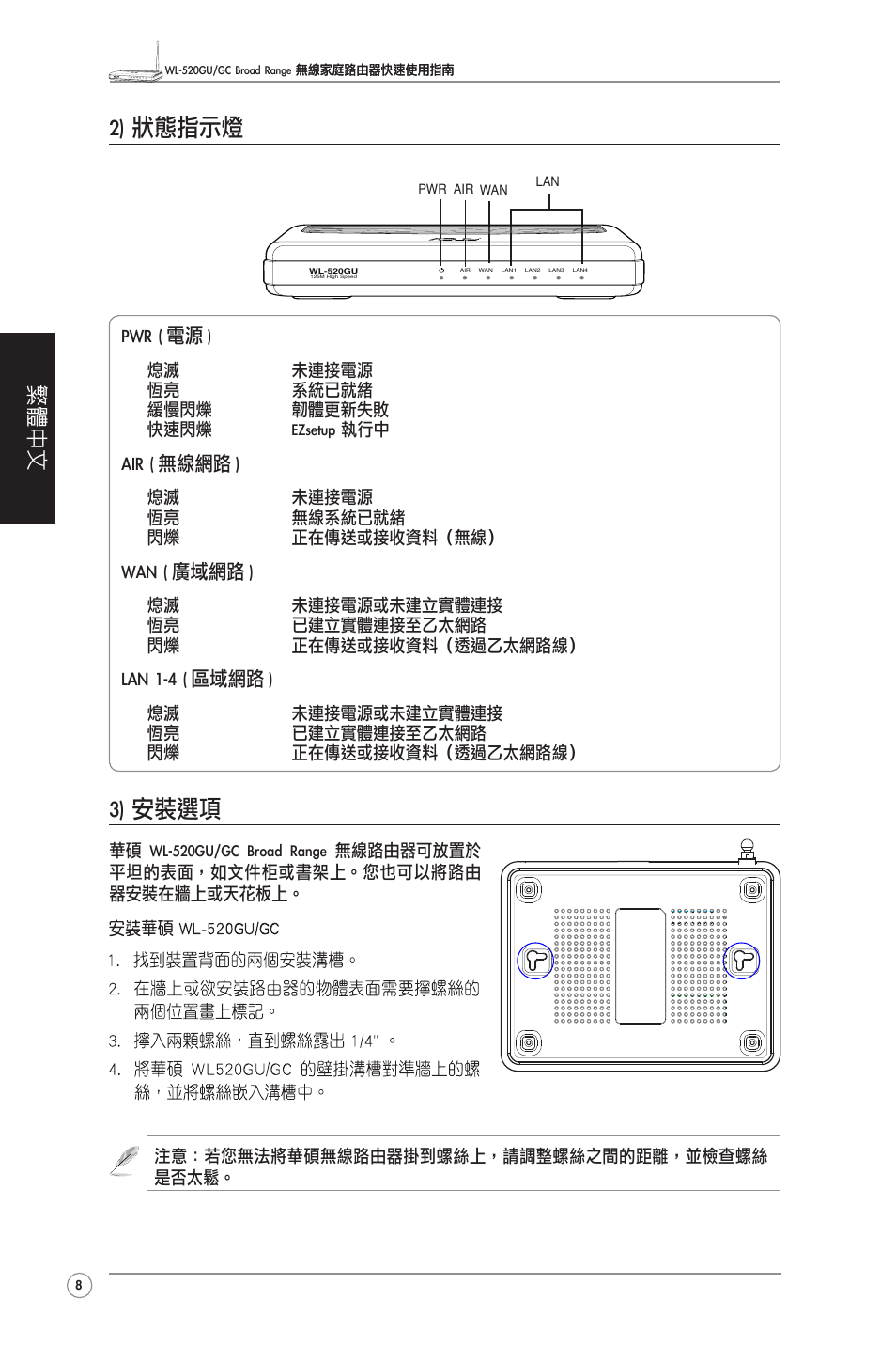 2) 狀態�示燈, 3) 安裝選項, 繁體中文 | Pwr ( 電源 ), Air ( ��網� ), Wan ( 廣域網� ), Lan 1-4 ( 區域網� ) | Asus WL-520GU User Manual | Page 10 / 27