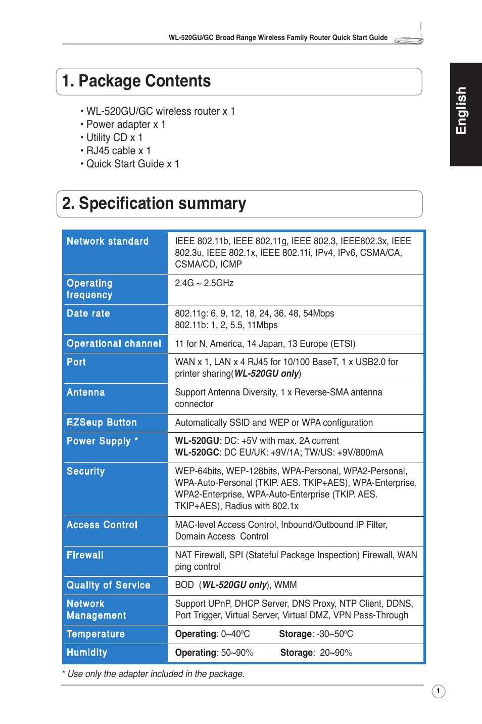 Package contents, Specification summary, English | Asus WL-520GU User Manual | Page 3 / 27