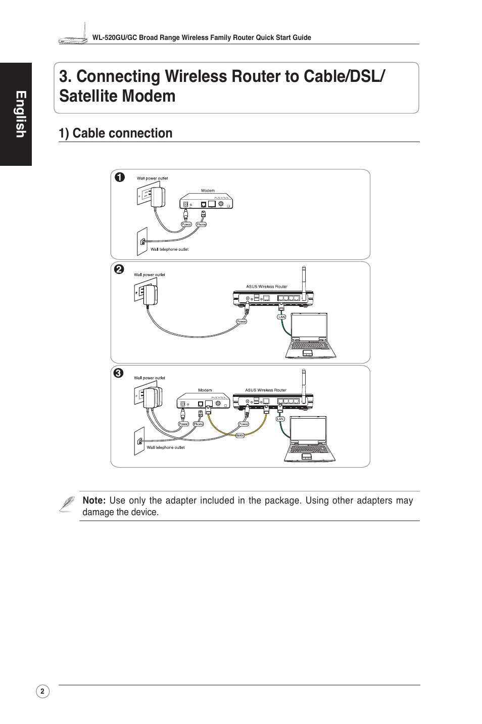 English, 1) cable connection | Asus WL-520GU User Manual | Page 4 / 27