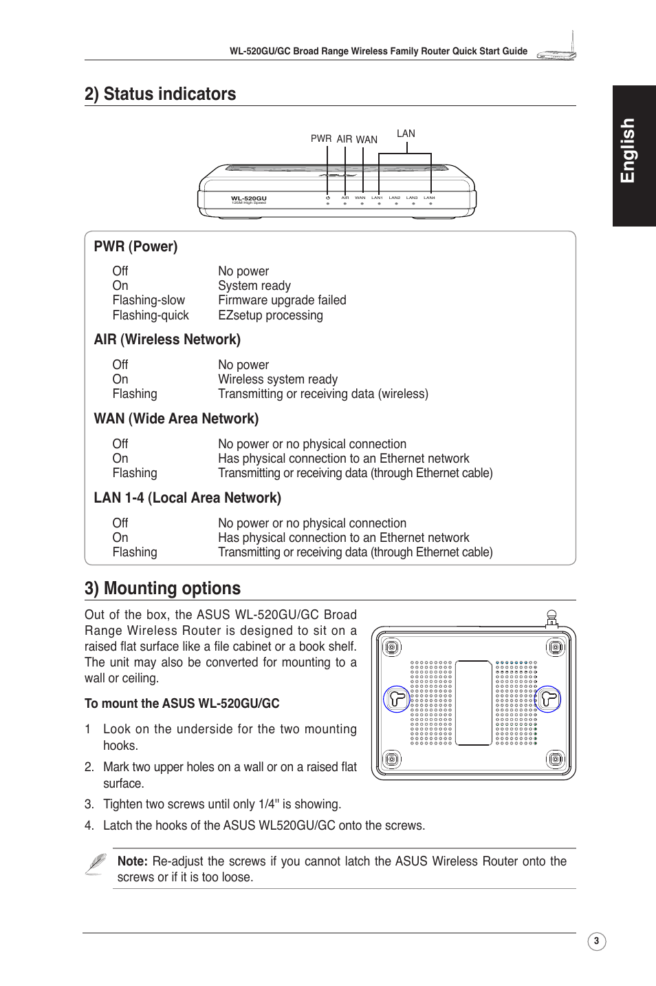 English 2) status indicators, 3) mounting options, Pwr (power) | Air (wireless network), Wan (wide area network), Lan 1-4 (local area network) | Asus WL-520GU User Manual | Page 5 / 27