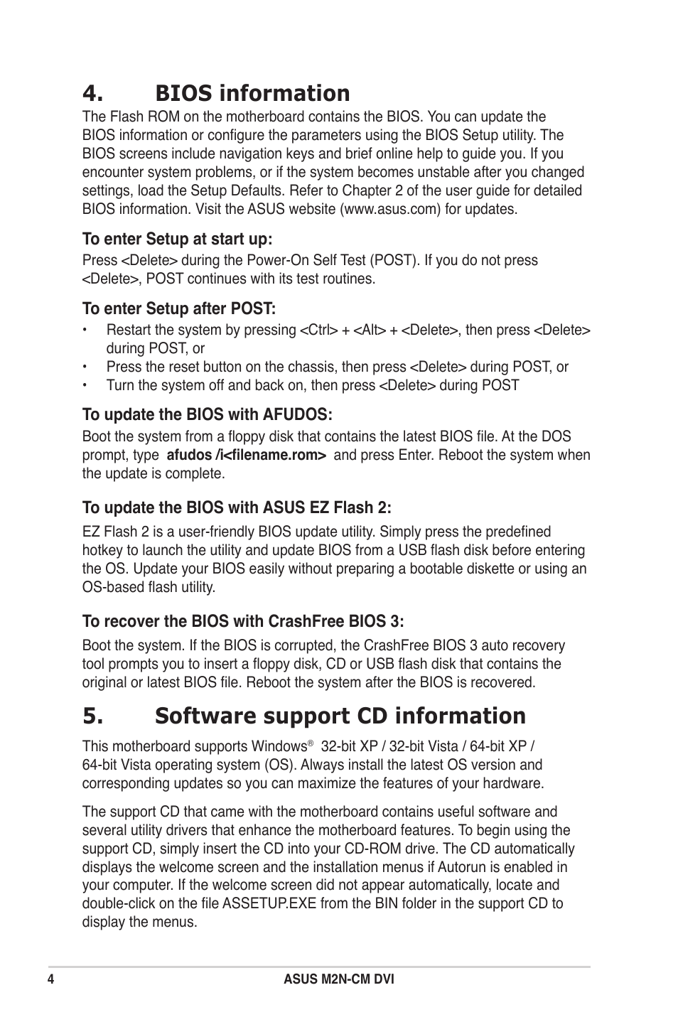 Bios information, Software support cd information | Asus M2N-CM DVI User Manual | Page 4 / 4