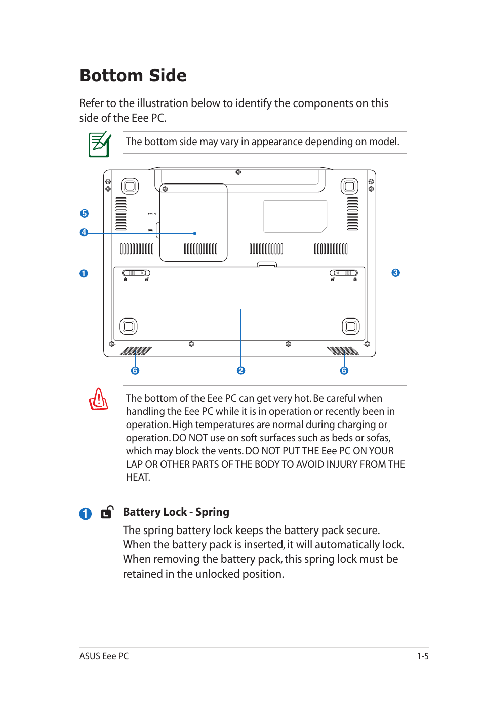 Bottom side, Bottom side -5 | Asus Eee PC S101/XP User Manual | Page 13 / 60