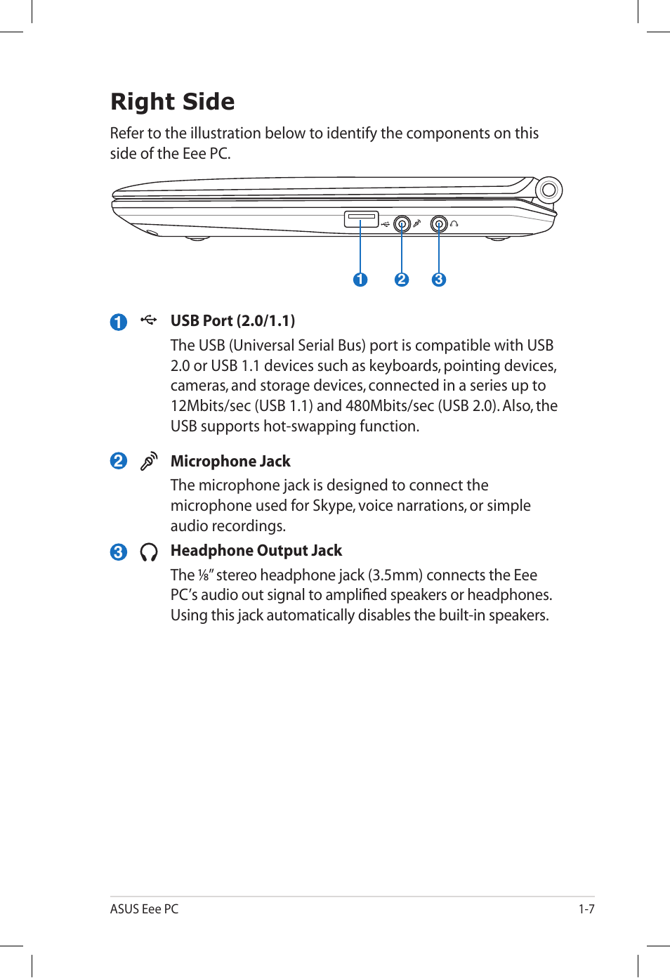 Right side, Right side -7 | Asus Eee PC S101/XP User Manual | Page 15 / 60