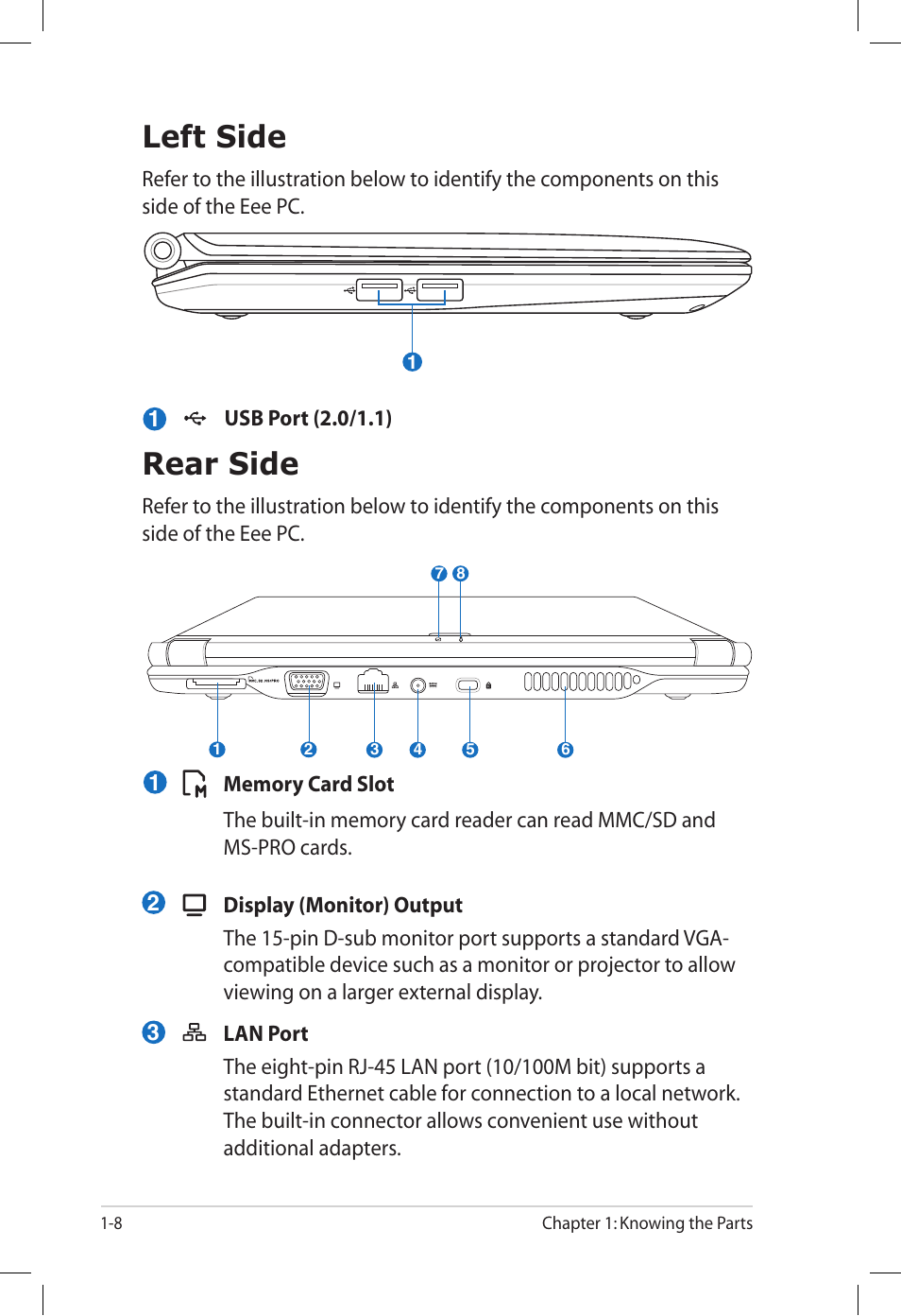 Left side, Rear side, Left side -8 rear side -8 | Asus Eee PC S101/XP User Manual | Page 16 / 60