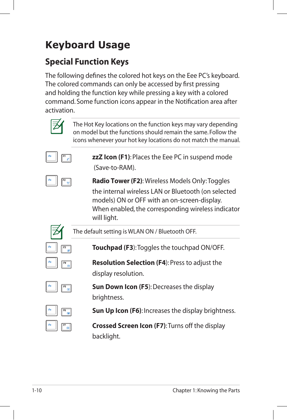 Keyboard usage, Keyboard usage -10, Special function keys | Asus Eee PC S101/XP User Manual | Page 18 / 60