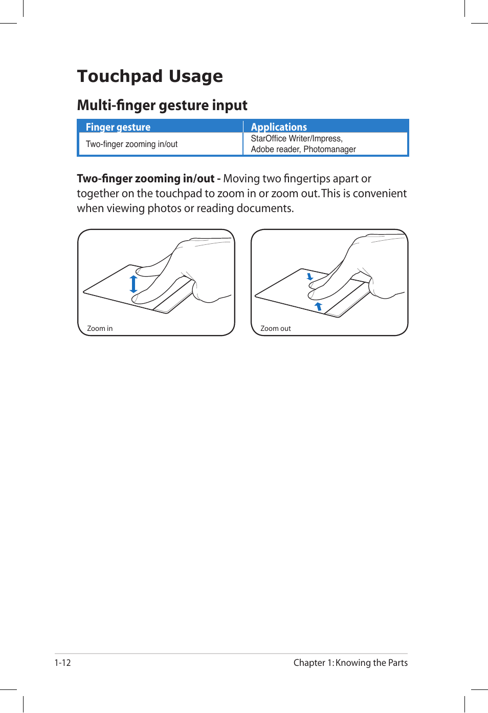 Touchpad usage, Touchpad usage -12, Multi-finger gesture input | Asus Eee PC S101/XP User Manual | Page 20 / 60