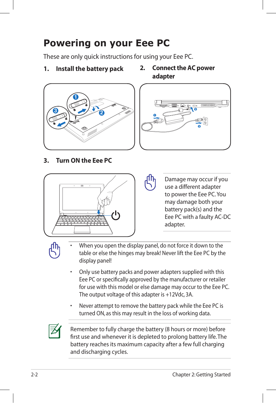 Powering on your eee pc, Powering on your eee pc -2 | Asus Eee PC S101/XP User Manual | Page 22 / 60
