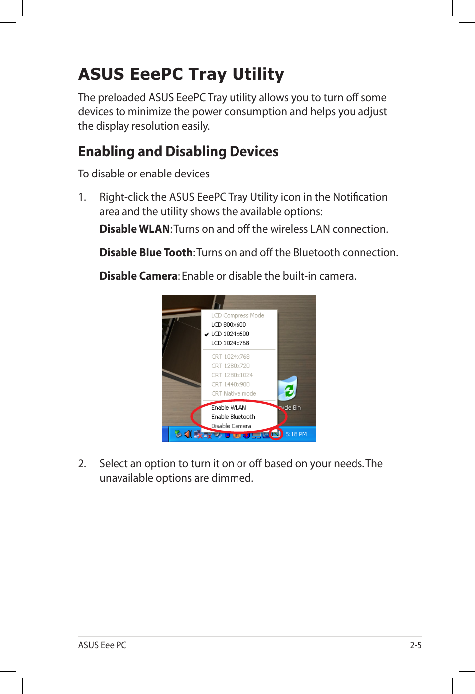 Asus eeepc tray utility, Enabling and disabling devices, Asus eeepc tray utility -5 | Enabling and disabling devices -5 | Asus Eee PC S101/XP User Manual | Page 25 / 60