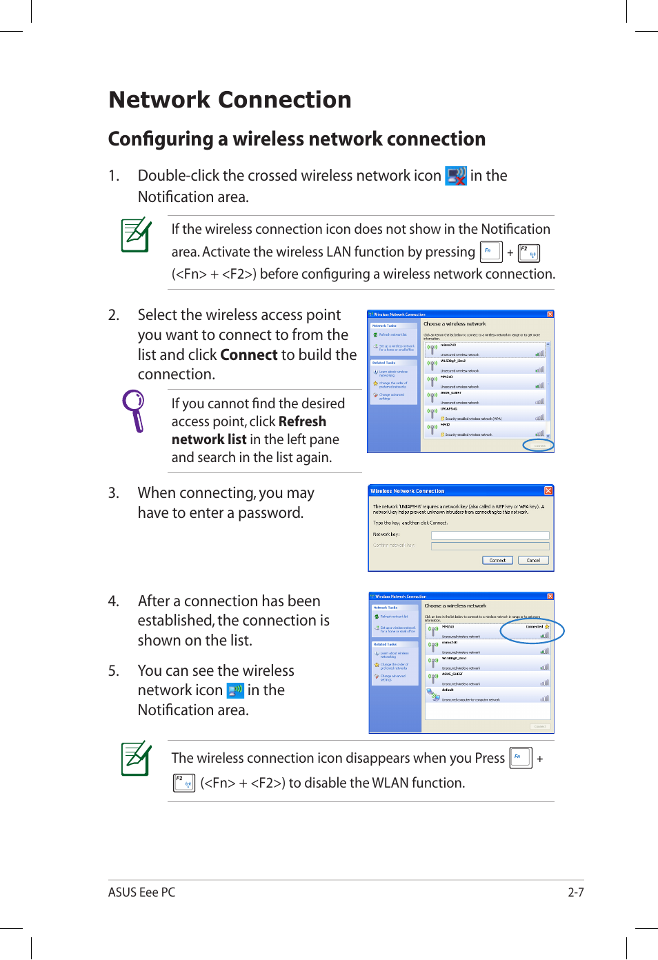 Network connection, Configuring a wireless network connection, Network connection -7 | Configuring a wireless network connection -7 | Asus Eee PC S101/XP User Manual | Page 27 / 60