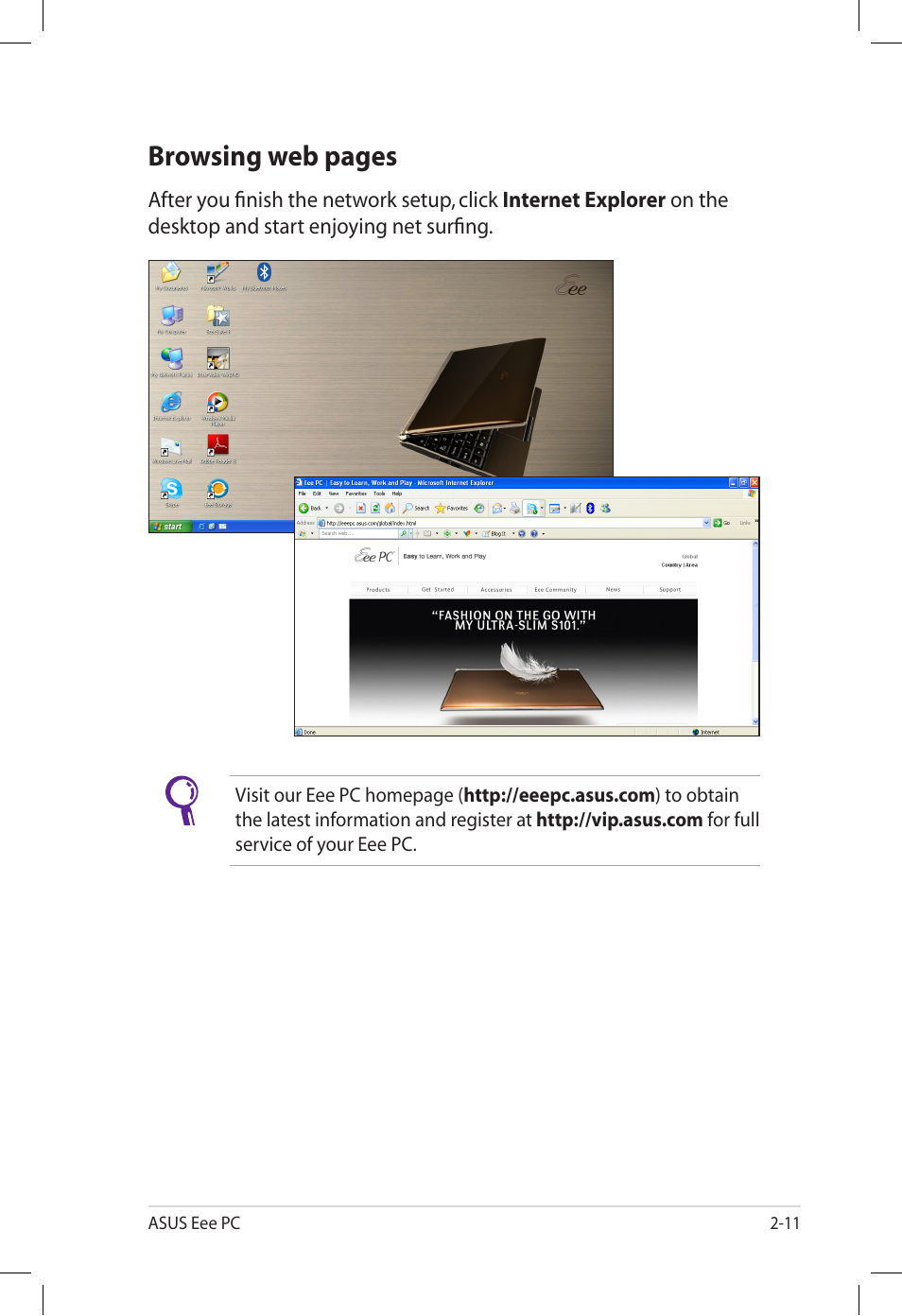 Browsing web pages | Asus Eee PC S101/XP User Manual | Page 31 / 60