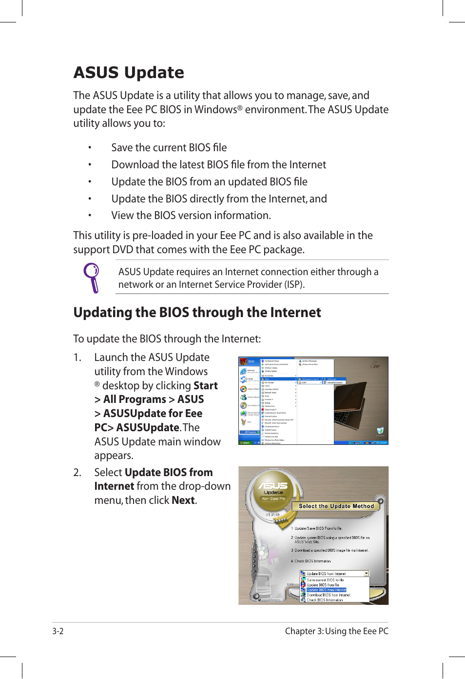 Asus update, Updating the bios through the internet, Asus update -2 | Updating the bios through the internet -2 | Asus Eee PC S101/XP User Manual | Page 34 / 60