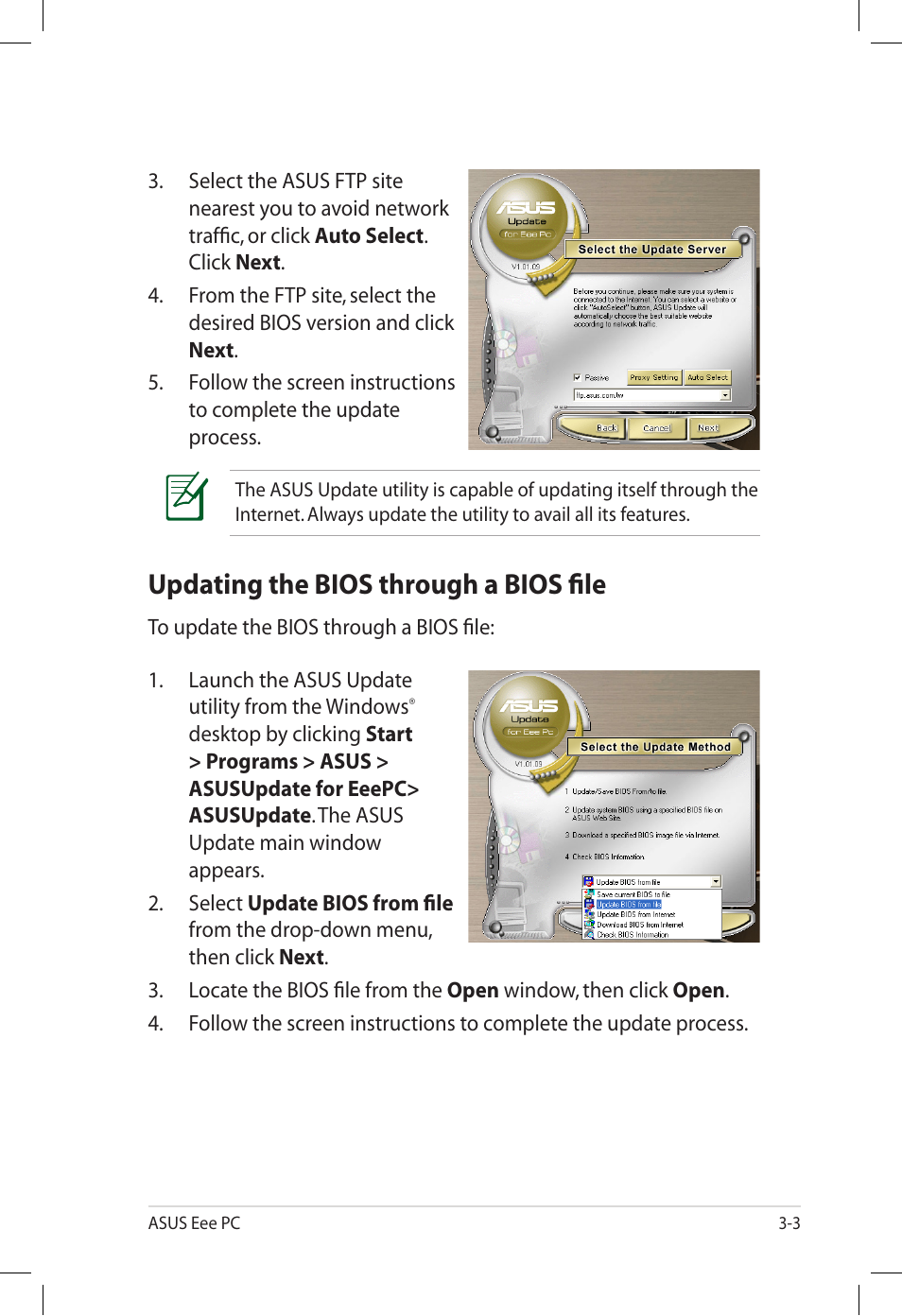 Updating the bios through a bios file, Updating the bios through a bios file -3 | Asus Eee PC S101/XP User Manual | Page 35 / 60