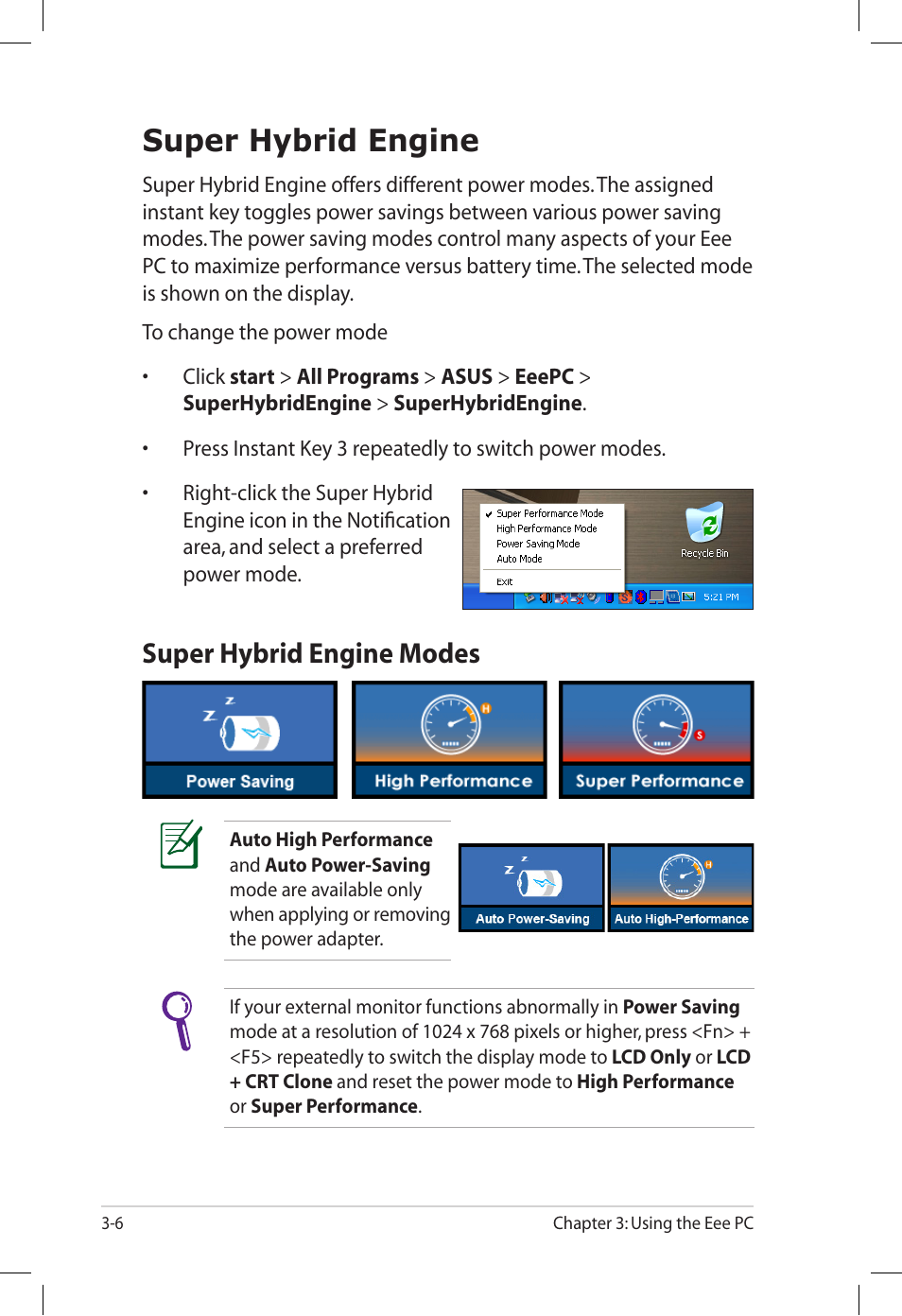 Super hybrid engine, Super hybrid engine modes, Super hybrid engine -6 | Super hybrid engine modes -6 | Asus Eee PC S101/XP User Manual | Page 38 / 60