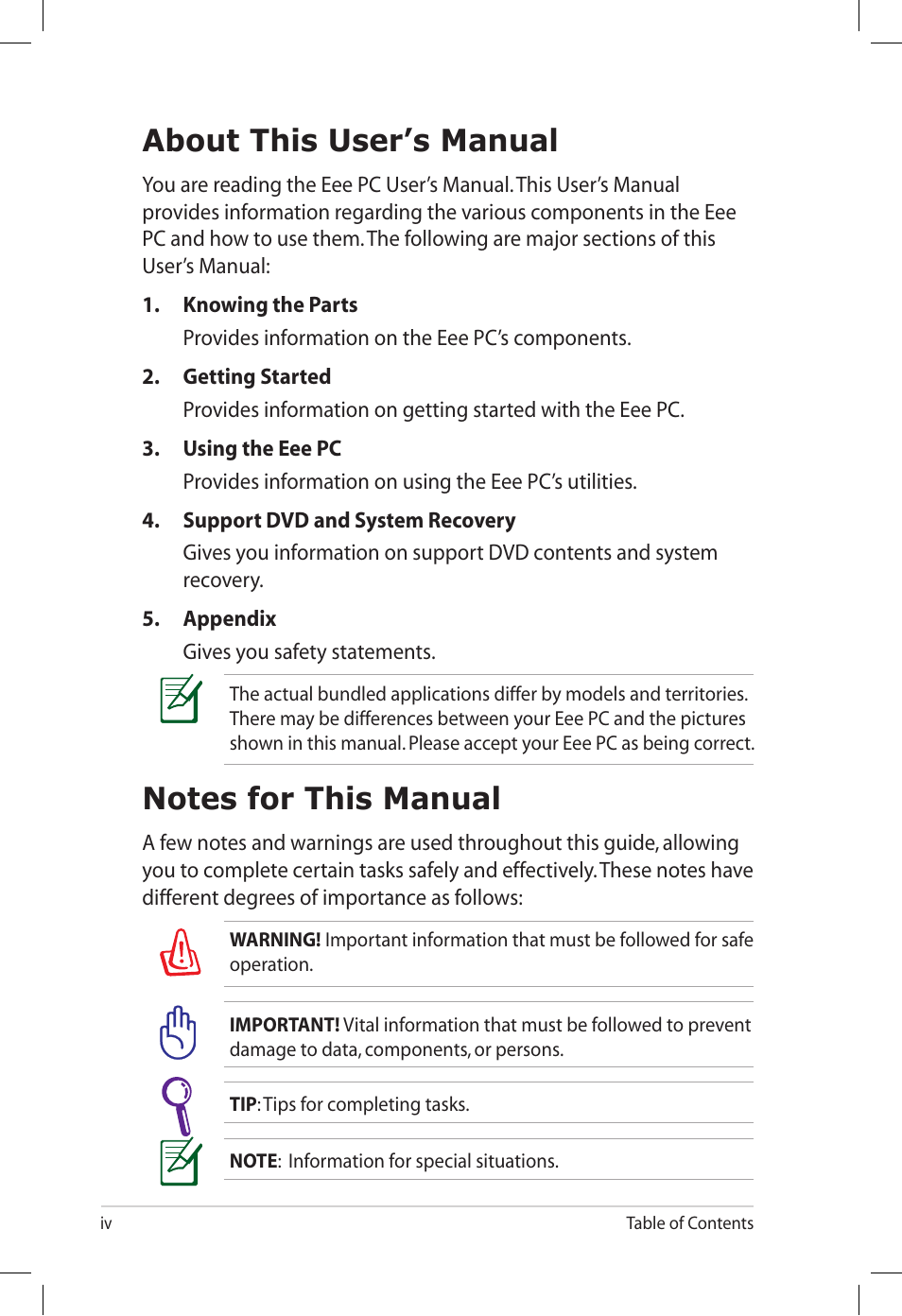About this user’s manual, Notes for this manual | Asus Eee PC S101/XP User Manual | Page 4 / 60