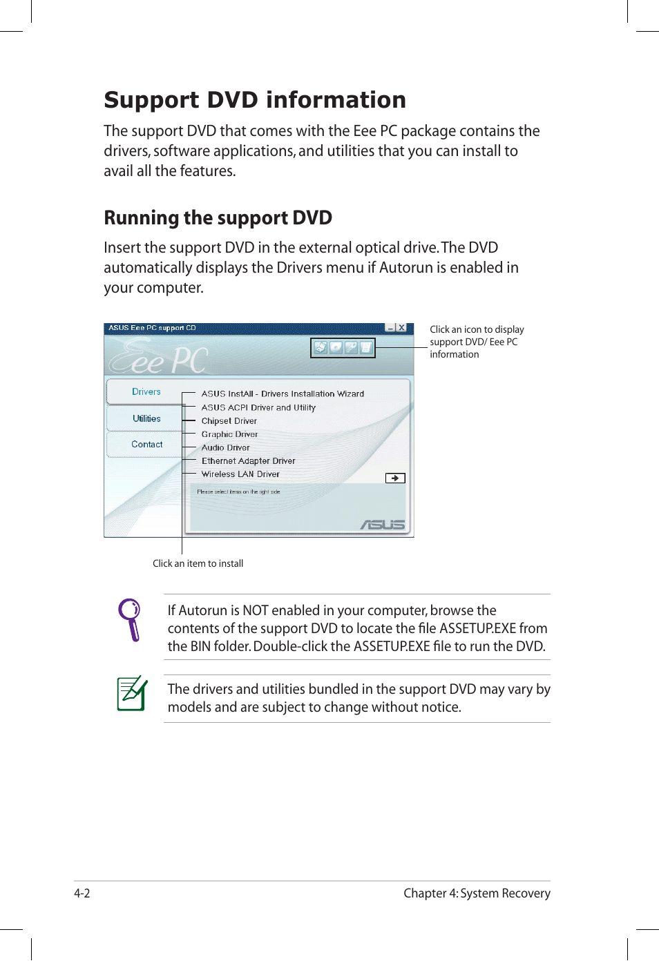 Support dvd information, Running the support dvd, Support dvd information -2 | Running the support dvd -2 | Asus Eee PC S101/XP User Manual | Page 42 / 60