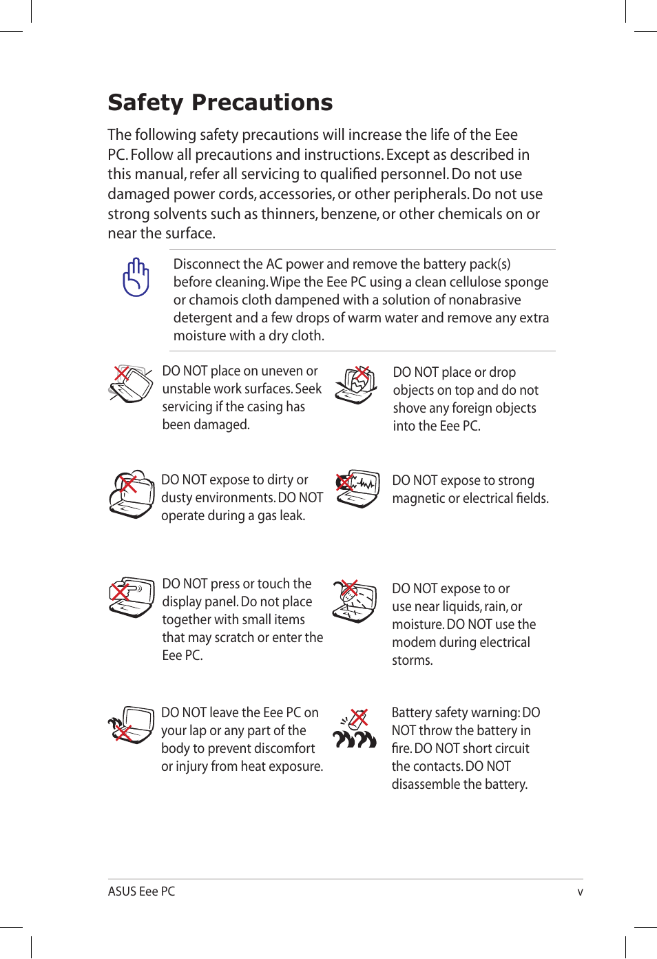 Safety precautions | Asus Eee PC S101/XP User Manual | Page 5 / 60