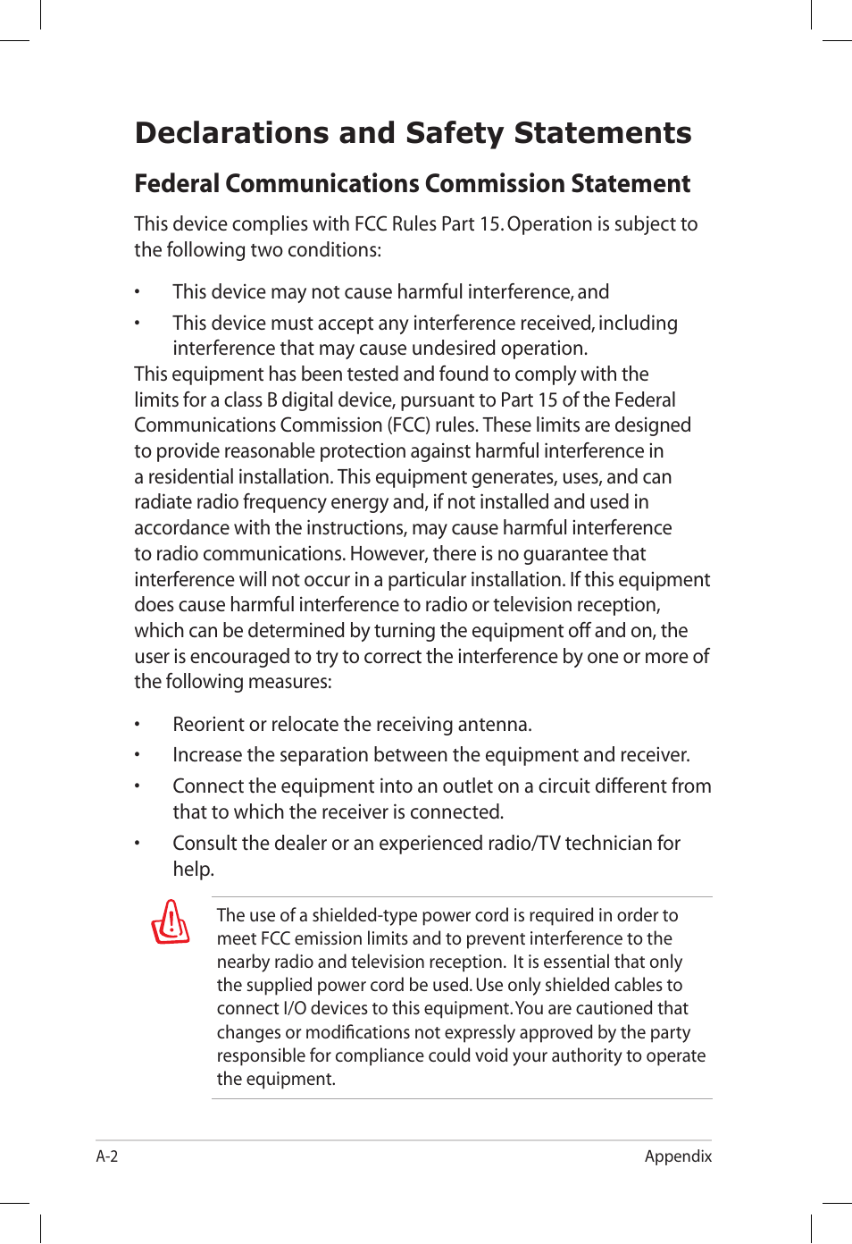 Declarations and safety statements, Federal communications commission statement | Asus Eee PC S101/XP User Manual | Page 50 / 60