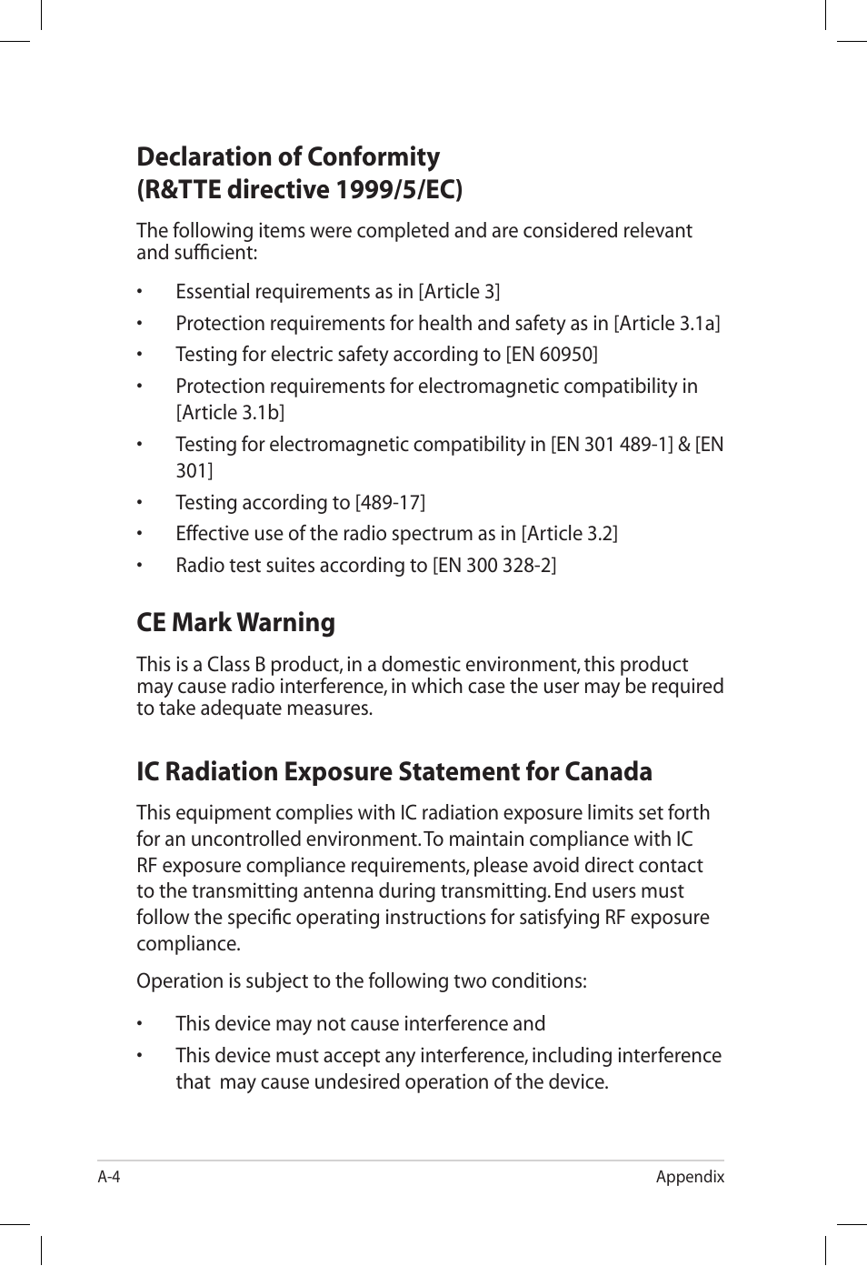 Ce mark warning, Ic radiation exposure statement for canada | Asus Eee PC S101/XP User Manual | Page 52 / 60