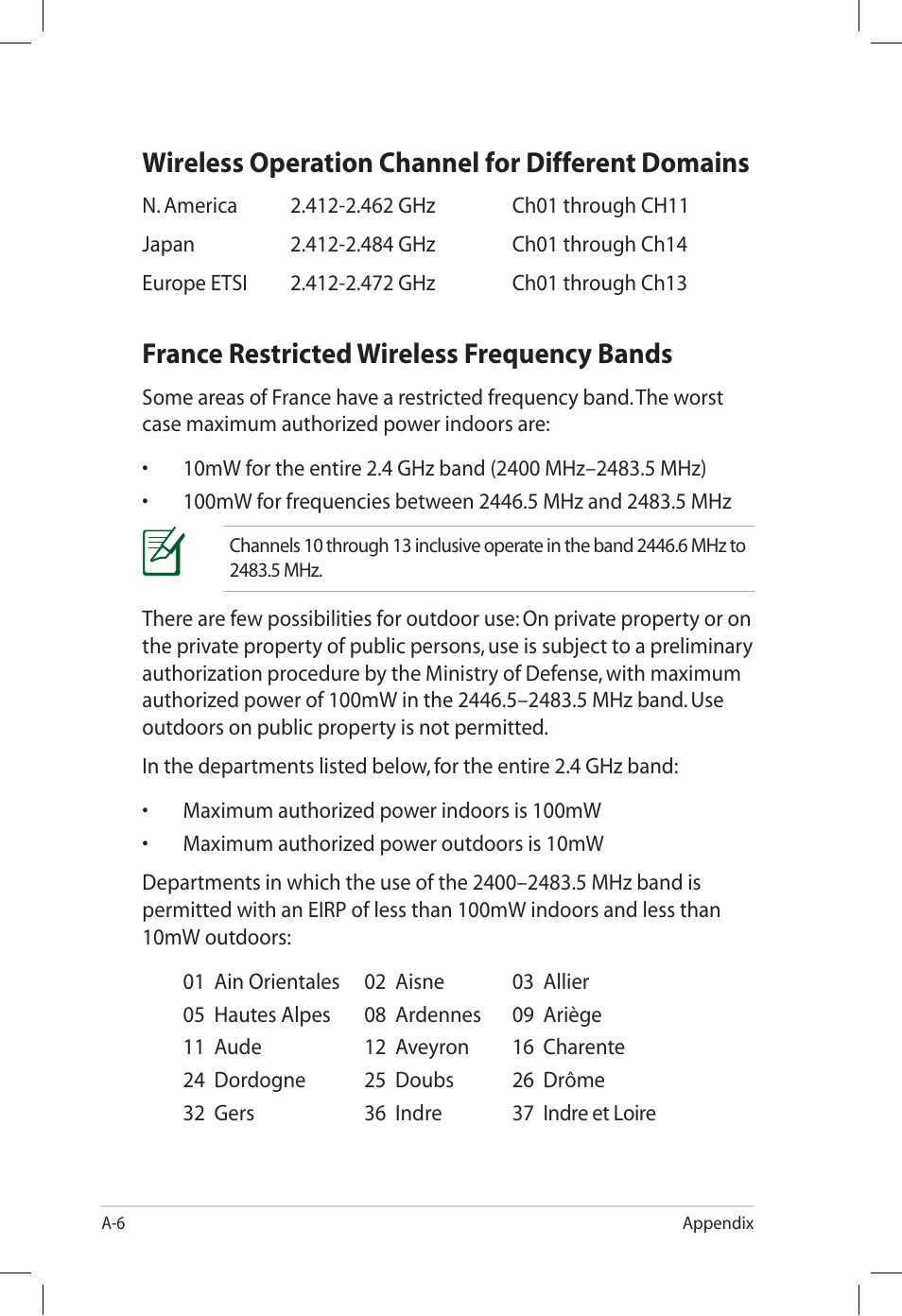 Wireless operation channel for different domains, France restricted wireless frequency bands | Asus Eee PC S101/XP User Manual | Page 54 / 60