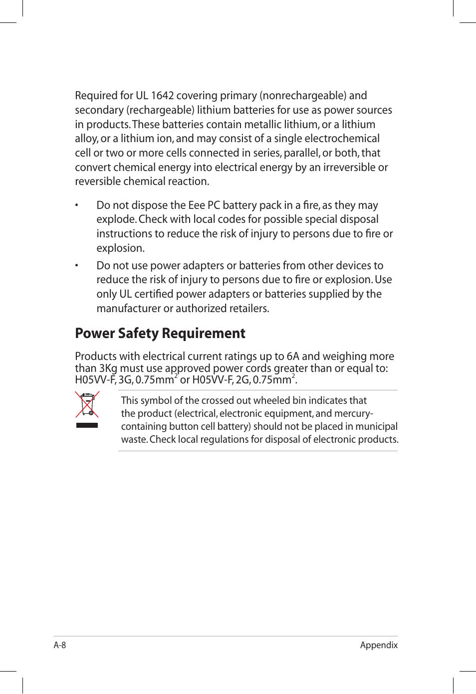 Power safety requirement | Asus Eee PC S101/XP User Manual | Page 56 / 60