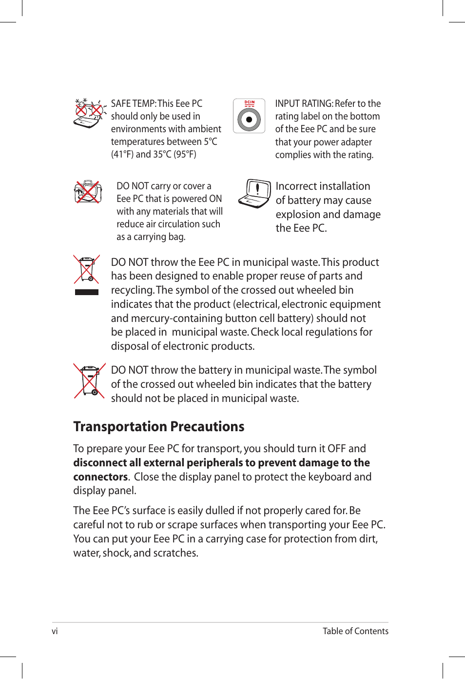 Transportation precautions | Asus Eee PC S101/XP User Manual | Page 6 / 60