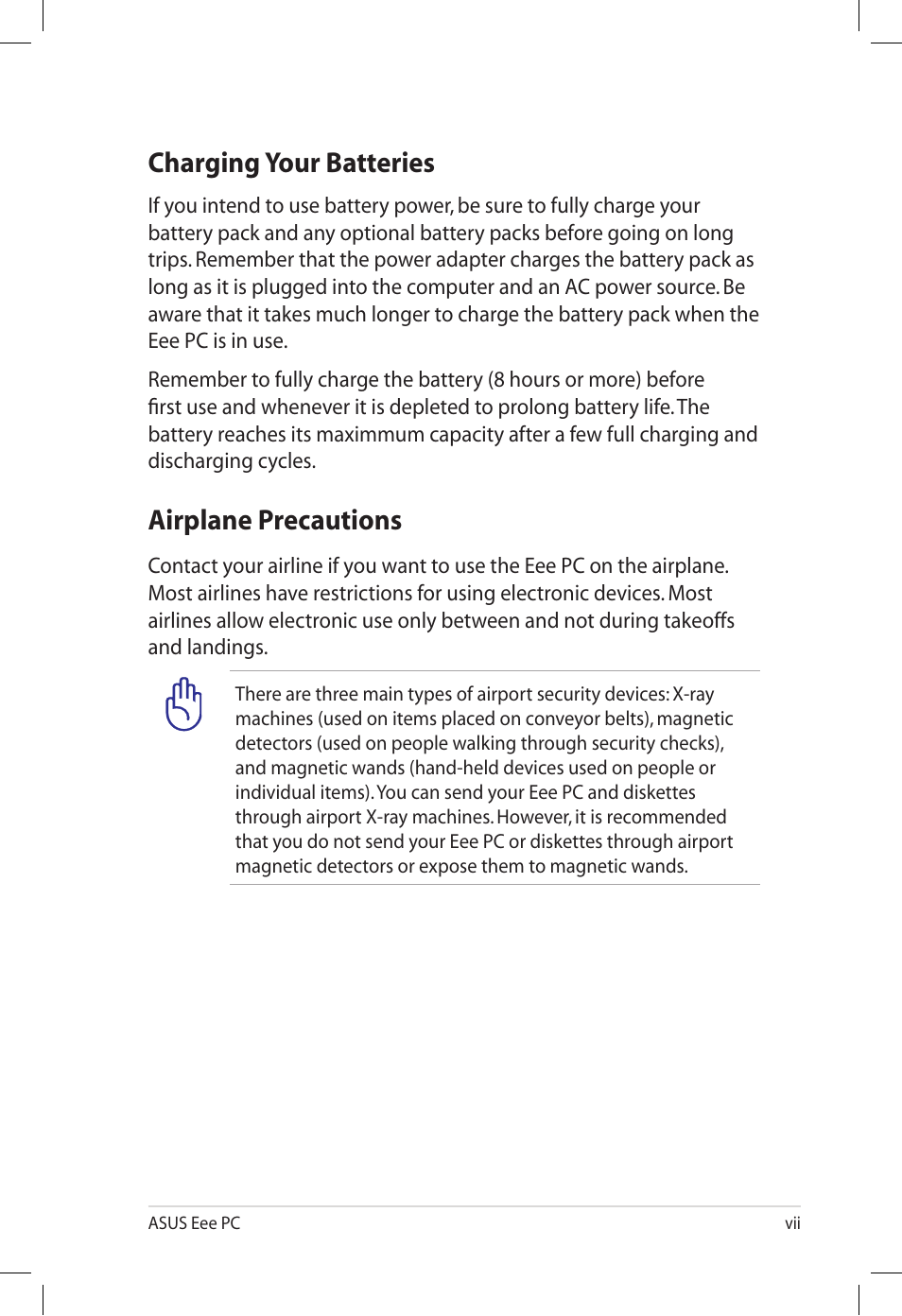 Charging your batteries, Airplane precautions | Asus Eee PC S101/XP User Manual | Page 7 / 60