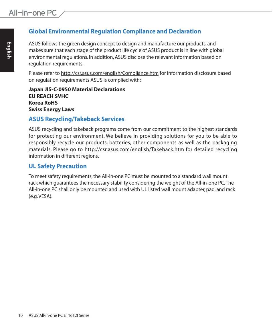 Asus recycling/takeback services, Ul safety precaution | Asus ET1612IUTS User Manual | Page 10 / 36