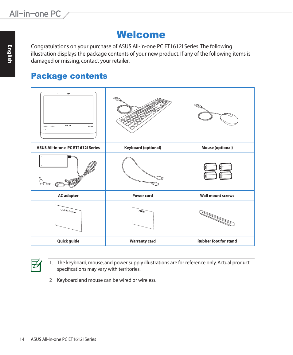 Welcome, Package contents | Asus ET1612IUTS User Manual | Page 14 / 36