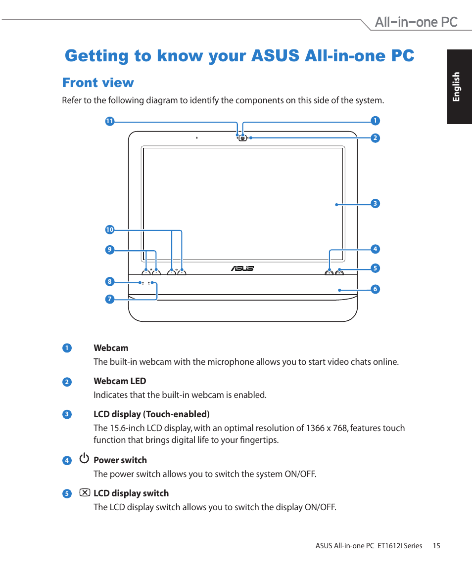 Getting to know your asus all-in-one pc, Front view | Asus ET1612IUTS User Manual | Page 15 / 36