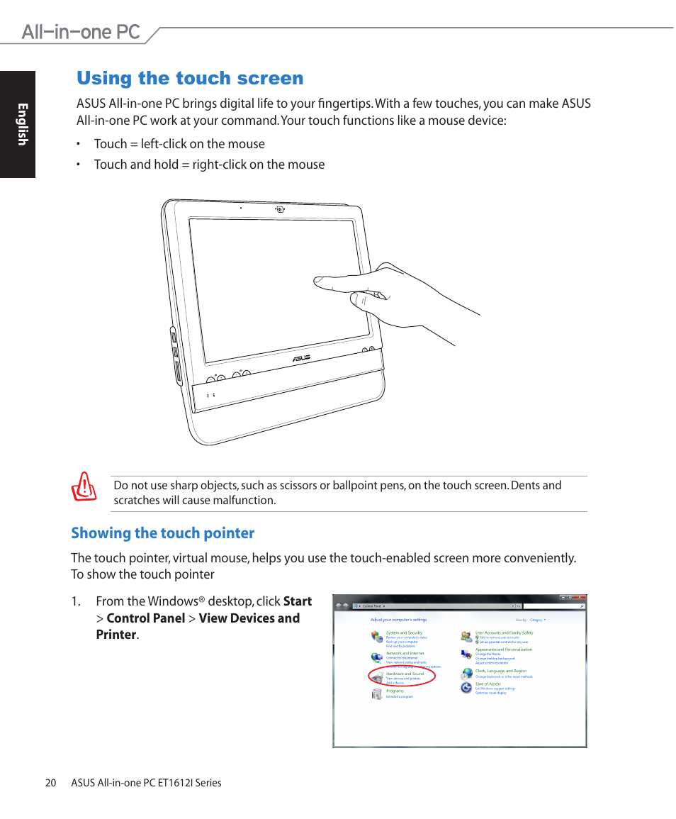 Using the touch screen, Showing the touch pointer | Asus ET1612IUTS User Manual | Page 20 / 36