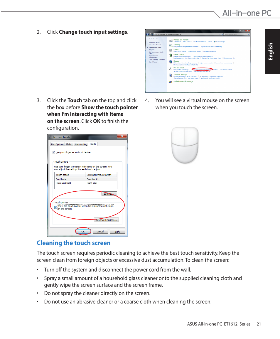 Cleaning the touch screen | Asus ET1612IUTS User Manual | Page 21 / 36