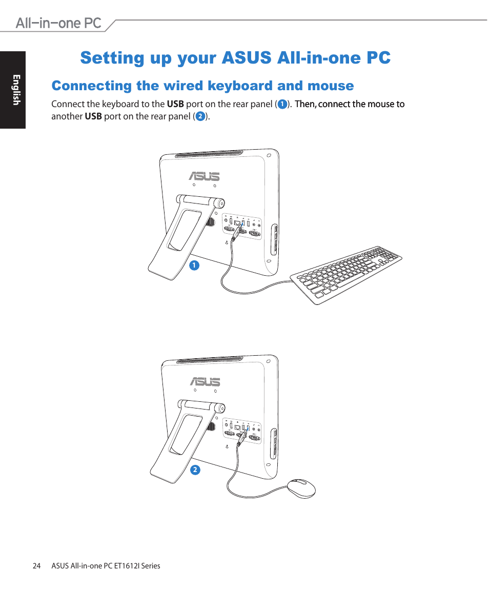 Setting up your asus all-in-one pc, Connecting the wired keyboard and mouse, English | Asus ET1612IUTS User Manual | Page 24 / 36